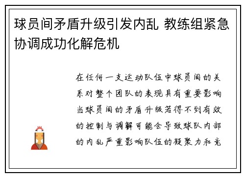 球员间矛盾升级引发内乱 教练组紧急协调成功化解危机