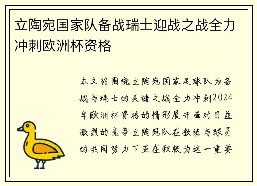 立陶宛国家队备战瑞士迎战之战全力冲刺欧洲杯资格