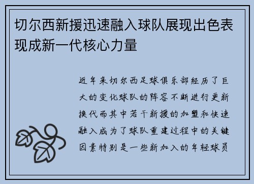 切尔西新援迅速融入球队展现出色表现成新一代核心力量
