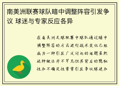 南美洲联赛球队暗中调整阵容引发争议 球迷与专家反应各异