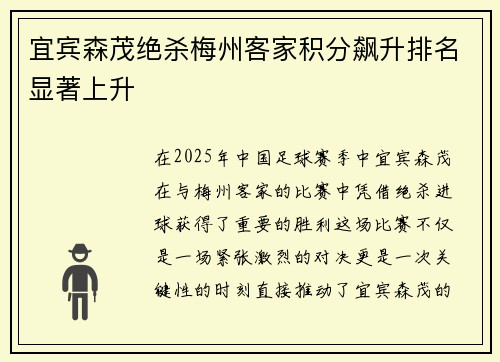宜宾森茂绝杀梅州客家积分飙升排名显著上升