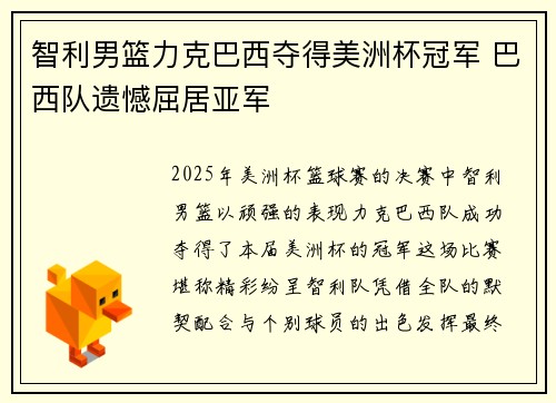 智利男篮力克巴西夺得美洲杯冠军 巴西队遗憾屈居亚军
