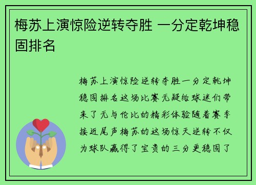 梅苏上演惊险逆转夺胜 一分定乾坤稳固排名