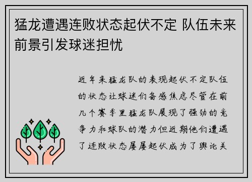 猛龙遭遇连败状态起伏不定 队伍未来前景引发球迷担忧