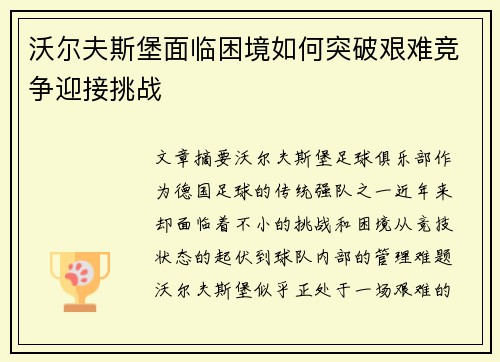 沃尔夫斯堡面临困境如何突破艰难竞争迎接挑战